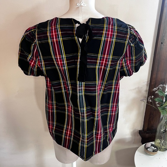 J.Crew Re-Imagined Plaid Puff Sleeve Blouse XL Black Red Holiday Back Tie Top - Picture 2 of 11